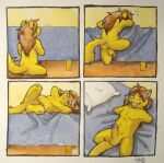  amputee anthro armeddillo balls bed blush brown_eyes brown_hair butt canid canine disability fur furniture genitals hair hi_res linus_(armeddillo) lying male mammal nude on_back penis quadruple_amputee solo traditional_media_(artwork) yellow_body yellow_fur 