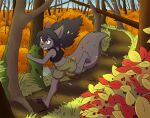  5_toes anthro barefoot big_tail bottomwear canid canine canis claws clothing dirty_feet dragonkai emily_(twin_dragons) feet female forest hair hi_res jogging long_hair mammal outside plant plantigrade red_eyes shirt shorts smile soles solo tank_top toes topwear trail tree twin_dragons_(webcomic) wolf young 
