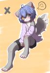  absurd_res akari anthro blue_hair canid canine clothed clothing fur grey_body grey_fur hair heterochromia hi_res kemono male mammal simple_background sitting solo yellow_background 