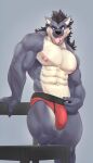  2021 abs anthro bent_leg big_bulge big_muscles bulge canid canine canis claws clothing ear_piercing ear_ring eyebrows fur furniture grey_background hair hi_res long_hair looking_at_viewer male mammal muscular muscular_anthro muscular_male navel nipple_piercing nipples obliques open_mouth open_smile pecs piercing rsotart simple_background smile solo standing stool table teeth tongue tongue_out tuft underwear vein wolf 