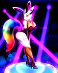  4:5 absurd_res anthro bandai_namco big_breasts bludraconoid bow breasts clothed clothing corset digimon digimon_(species) fake_ears fake_rabbit_ears female group hayliegh_(aurinthewriter) hi_res high_heels lingerie long_ears nightclub pinup playboy_bunny pose renamon skimpy stage topwear wide_hips 