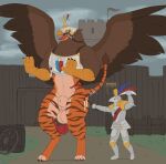  2021 action_pose animal_genitalia anthro armor avian balls barrel beak big_balls brown_body brown_fur claws clothing colored deathclaw_(warhammer_fantasy) dialogue_box duo english_text erection felid fluffy fur genitals gryphon heavy_armor hi_res humanoid hybrid male mammal mythological_avian mythology orange_body orange_fur pantherine pawpads paws pose psixoy sheath signature size_difference sky slap spanking standing stripes terrain text thong tiger tongue torn_clothing underwear wall_(disambiguation) warhammer_(franchise) warhammer_fantasy wings wolfarion yellow_eyes 