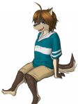  anthro barefoot blue_eyes bottomwear brown_body brown_fur brown_hair canid canine canis clothing fangs feet fur hair hi_res male mammal morenatsu multicolored_body multicolored_fur nama open_mouth rtlstien shorts shun_(morenatsu) simple_background sitting smile solo two_tone_body two_tone_fur video_games visual_novel white_background wolf 