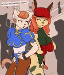  2021 absurd_res anthro big_breasts breasts callmewritefag cammy_(street_fighter) canid canine canis capcom chun-li clothed clothing colored convention cosplay cyberconnect2 digital_drawing_(artwork) digital_media_(artwork) domestic_cat domestic_dog duo english_text felid feline felis female female/female flam_kish fuga:_melodies_of_steel fur hair hi_res little_tail_bronx mammal muscat_(fuga) open_mouth simple_background street_fighter text video_games 