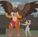  2021 action_pose anthro armor avian balls barrel beak brown_body brown_fur bulge claws clothing colored deathclaw_(warhammer_fantasy) dialogue_box duo english_text erection felid fluffy fur genitals gryphon heavy_armor hi_res humanoid hybrid male mammal mythological_avian mythology orange_body orange_fur pantherine pawpads paws pose psixoy signature size_difference sky slap spanking standing stripes terrain text thong tiger tongue underwear wall_(disambiguation) warhammer_(franchise) warhammer_fantasy wings wolfarion yellow_eyes 