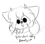  angry canid canine clothed clothing eyewear felid feline glasses hair mammal monochrome open_mouth simple_background tem temmie_(undertale) text topwear undertale undertale_(series) video_games white_body 
