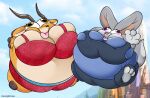  antelope anthro belly belly_expansion belly_inflation big_breasts bovid breast_expansion breasts clothing digital_media_(artwork) disney duo expansion eye_inflation female female/female gazelle gazelle_(zootopia) horn inflation judy_hopps lagomorph leporid mammal moonlightbell rabbit zootopia 