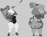  animal_crossing anthro big_butt bodily_fluids buckle butt button_pop canid canine canis clothed clothing domestic_dog duo eulipotyphlan female grey_background greyscale hedgehog hi_res high_heels huge_butt isabelle_(animal_crossing) labelle_able mammal monochrome nintendo purple_yoshi_draws simple_background standing sweat thick_thighs video_games wide_hips 