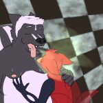  1:1 absurd_res anthro bodily_fluids burp_cloud burp_in_face burping canid canine casimir_(cooperdooper) checkered_background cooperdooper drooling duo embrace fox hi_res hug male male/male mammal mephitid musk pattern_background pyrocynical saliva simple_background skunk slightly_chubby sniffing sweat tail_motion tailwag tongue tongue_out 