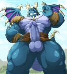  absurd_res activision anthro balls big_muscles blue_body bubba_(spyro) dragon erection genitals gojho hi_res horn huge_muscles low-angle_view male muscular muscular_anthro muscular_male nipples outside pecs penis rescued_dragons_(spyro) scalie solo spyro_reignited_trilogy spyro_the_dragon video_games western_dragon wings 