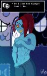 abs absurd_res anthro big_breasts bottomwear breasts bunbunmuffins clothed clothing covering covering_breasts english_text eye_patch eyeshadow eyewear female fish grin hi_res looking_at_viewer makeup marine muscular muscular_female pants sharp_teeth smile solo teeth text topless undertale undertale_(series) undressing undyne video_games 