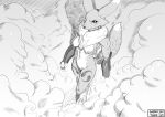  2021 anthro bandai_namco breasts canid casual_exposure claws clothing digimon digimon_(species) female fingerless_gloves gloves gloves_only greyscale handwear handwear_only high-angle_view looking_at_viewer mammal monochrome mostly_nude neck_tuft nipples renamon sabrotiger solo standing tuft 