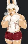  abs absurd_res anthro armlet berseepon09 bodily_fluids breath brown_body brown_fur bulge clothed clothing crossgender ftm_crossgender fur hair hi_res lagomorph leporid looking_at_viewer made_in_abyss male mammal muscular muscular_anthro muscular_male nanachi narehate pecs rabbit simple_background solo steam sweat sweatdrop thick_thighs underwear underwear_only whiskers white_hair 