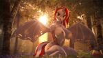  16:9 3d_(artwork) absurd_res anthro arm_tattoo bat_wings big_breasts breasts digital_media_(artwork) equid equine fan_character female flower forest forest_background hasbro hi_res horn jewelry kneeling light looking_up loveslove mammal membrane_(anatomy) membranous_wings morning my_little_pony nature nature_background necklace necklace_only nude plant shadow solo source_filmmaker spread_wings sun sunlight tattoo tree widescreen winged_unicorn wings 