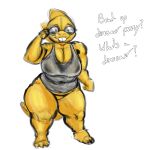  1:1 absurd_res adjusting_glasses alphys anthro belly big_breasts bodily_fluids bottomless breasts buckteeth chubby_anthro chubby_female claws cleavage clothed clothing curvy_figure dialogue english_text eyewear female front_view glasses hi_res huge_breasts lizard looking_at_viewer navel_outline nipple_outline non-mammal_breasts reptile scales scalie shirt short_stack simple_background slightly_chubby smile smugsquid solo standing sweat tank_top teeth text thick_tail thick_thighs topwear undertale undertale_(series) video_games voluptuous wide_hips yellow_body yellow_scales 