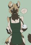  2021 african_wild_dog anthro apron apron_only big_breasts big_ears breasts brown_body brown_fur canid canine canis cleavage clothed clothing dialogue docsdoubleshot facial_markings fan_character female fretforyourpilot fur green_apron head_markings hi_res holding_object i_mean_breast_milk jackie_(fretforyourpilot) looking_at_viewer mammal marker markings meme mostly_nude multicolored_body multicolored_fur nipples partially_clothed pink_nipples side_boob signature solo speech_bubble starbucks white_body white_fur wide_hips 