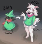  &lt;3 2021 absurd_res anthro barefoot black_body black_fur blush blush_stickers bottomless clothed clothing corromon crotch_tuft deltarune english_text eyeshadow eyewear featureless_crotch feet fur girly glasses good_boy green_clothing hat headgear headwear hi_res horn leg_tuft long_ears looking_at_viewer makeup male pink_eyes ralsei scarf shrug simple_background solo text tuft undertale_(series) video_games white_body white_fur 