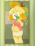  3:4 5_fingers animal_crossing anthro belly blonde_hair bottomwear breasts canid canine canis chubby_female cleavage clothed clothing domestic_dog female fingers fur hair hand_on_stomach hi_res holding_object holding_phone isabelle_(animal_crossing) mammal mirror navel nintendo pencil_skirt phone potbelly pregnant selfie shih_tzu skirt slightly_chubby smile solo strawberrywith4 toy_dog video_games yellow_body yellow_fur 