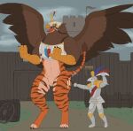  2021 action_pose anthro armor avian barrel beak brown_body brown_fur claws clothing colored deathclaw_(warhammer_fantasy) dialogue_box duo english_text erection felid fluffy fur gryphon heavy_armor hi_res humanoid hybrid male mammal mythological_avian mythology orange_body orange_fur pantherine pawpads paws pose psixoy signature size_difference sky standing stripes terrain text thong tiger tongue underwear wall_(disambiguation) warhammer_(franchise) warhammer_fantasy wings yellow_eyes 