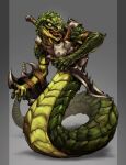  2010 5_fingers apode chaos-draco digital_media_(artwork) draconcopode fingers green_body green_eyes green_scales hi_res holding_object holding_weapon legless naga open_mouth reptile scales scalie serpentine snake teeth tongue weapon 