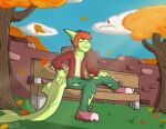  4_fingers anthro autumn bare_chest bench clothing elbow_fin eyes_closed fin fingers fish footwear gills green_body green_scales hair ike_(thesnekden) lime_shark male marine open_chested_shirt orange_hair outside plant scales shark shirtless shoes sneakers snizzydraws solo torn_clothing tree 