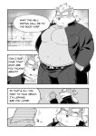  2021 anthro belly bottomwear canid canine canis cellphone clothing comic diru11 domestic_dog english_text eyes_closed hi_res kemono male mammal monochrome overweight overweight_male pants phone shirt smartphone solo_focus text topwear 
