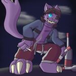  1:1 alcohol anthro beverage blue_eyes cigarette crouching domestic_cat exposed_bone eye_patch eyewear felid feline felis fur male mammal paul_(snizzydraws) purple_body purple_fur sharp_teeth smile snizzydraws solo teeth vodka 