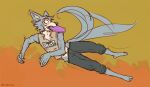  2021 anthro artist_name beastars black_bottomwear black_clothing black_pants bottomwear canid canine canis clothed clothing frisbee frisbee_in_mouth fur grey_body grey_fur jumping lawyerdog legoshi_(beastars) male mammal pants shirt simple_background sleeveless_shirt solo tail_motion tailwag topwear wolf 