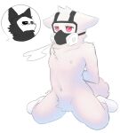  anthro black_sclera blush breath canid canine canis changed_(video_game) cheek_tuft chest_tuft clothing crotch_tuft dr._k_(changed) duo facial_tuft footwear fur gas_mask goo_creature head_tuft hi_res kneeling kotu_kotsu male mammal mask mostly_nude navel nipples puro_(changed) red_eyes simple_background socks solo_focus tuft white_background white_body white_eyes white_fur wolf 