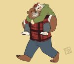  2021 anthro blush bottomwear brown_bear brown_body brown_fur carrying clothing dean_(password) duo embrace eyes_closed fur hashburrowns hi_res hoodie hug hugging_from_behind male male/male mammal overweight overweight_male pants password_(visual_novel) piggyback shirt simple_background topwear ursid ursine video_games visual_novel 