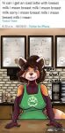  ailurid anthro apron apron_only big_breasts breasts clothing english_text female green_apron hi_res i_mean_breast_milk mammal meme mostly_nude red_panda solo starbucks text tsuki_chan zhibita 