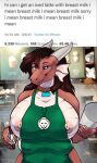  2021 6_breasts anthro apron apron_only areola big_breasts breasts clothed clothing coffee_shop collar container cup digital_media_(artwork) dragon english_text female green_apron hair hi_res holding_object horn huge_breasts i_mean_breast_milk liunkaya looking_at_viewer meme mostly_nude multi_breast nipple_slip nipples non-mammal_breasts smile solo starbucks text tweet twitter wolfhearts 