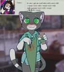  4_fingers :3 absurd_res anthro apron ask_blog beverage black_body black_fur blurred_background blush buttons_(milachu92) clothed clothing coffee container cup digital_media_(artwork) domestic_cat english_text felid feline felis fingers foreskin fur genitals green_apron green_eyes grey_body grey_fur hi_res holding_cup holding_object holding_pen hoodie humanoid_genitalia humanoid_penis i_mean_breast_milk inner_ear_fluff male mammal meme milachu92 multicolored_body multicolored_fur pen penis peter_the_cat poking_out portrait public public_exposure solo standing text three-quarter_portrait topwear tuft tumblr two_tone_body two_tone_fur white_body white_fur 