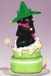  anthro black_body black_fur bovid bulge cake caprine clothing deltarune dessert embarrassed food fur goat hat headgear headwear male mammal pop_out_cake ralsei scarf solo starrberry thong undertale_(series) underwear video_games wizard_hat 