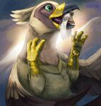  avian beak bird_feet blindcoyote brown_body der duo feathered_wings feathers female feral fur gryphon hi_res in_mouth male mawplay micro mythological_avian mythology serilde size_difference talons white_body wings yellow_body 
