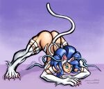  absurd_res animal_humanoid ass_up blue_hair butt capcom claws darkstalkers fangs felicia_(darkstalkers) felid felid_humanoid feline feline_ears feline_humanoid feline_tail female fur green_eyes hair hi_res humanoid jack-o&#039;_pose ko-fi mammal mammal_humanoid muscular muscular_female nsfwulf patreon pink_claws pose purple_background simple_background solo text thick_thighs url video_games white_body white_fur 