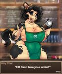  5:6 absurd_res amy_(cow) amycow anthro apron apron_only areola big_breasts black_hair bovid bovine breasts cattle cleavage clothed clothing curvy_figure english_text female fur green_apron hair hi_res huge_breasts huge_thighs i_mean_breast_milk mammal meme mostly_nude multicolored_body multicolored_fur nipples puffy_areola slightly_chubby solo text thick_thighs two_tone_body two_tone_fur voluptuous 