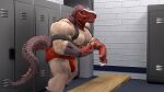  2021 3d_(artwork) animal_head anthro armband artist_name bench big_bulge big_muscles boots bottomwear bulge claws clothing digital_media_(artwork) dinosaur fingerless_gloves footwear for_a_head gloves handwear huge_muscles inside king_of_dinosaurs king_of_fighters locker locker_room looking_at_viewer male muscular muscular_anthro muscular_male pecs psyertitan reptile scalie snk solo standing video_games 