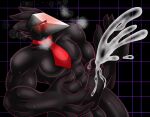  anthro avian balls bird black_body blush bodily_fluids clothing cum darkner deltarune digital_media_(artwork) ejaculation erection genital_fluids genitals hi_res humanoid_genitalia male mask muscular muscular_anthro muscular_male necktie nude pecs penis red_eyes simple_background solo swatchling sweat undertale_(series) video_games yoshimister 