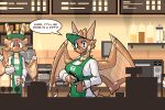  3:2 anthro apron baronflint breasts brown_body clothed clothing dragon female food food_creature green_apron i_mean_breast_milk membrane_(anatomy) membranous_wings meme non-mammal_breasts scalie twikinzy wings 