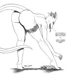  anthro bent_over big_butt book breasts butt claws deadmann dialogue english_text female hi_res lizard looking_at_viewer monochrome nude open_mouth reptile scalie side_boob solo text tongue tongue_out 