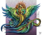  2021 blue_body blue_feathers digital_media_(artwork) dragon drerika feathered_dragon feathered_wings feathers green_body green_feathers horn open_mouth scales teeth tongue wings 