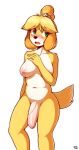  absurd_res animal_crossing anthro big_penis blonde_hair breasts canid canine canis domestic_dog foreskin fur genitals green_eyes gynomorph hair hi_res intersex isabelle_(animal_crossing) mammal marblesoda nintendo nipples partially_retracted_foreskin penis shy vein veiny_penis video_games white_body white_fur yellow_body yellow_fur 