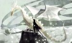  ambiguous_gender black_clothing clothed clothing cloud dragon duo feral hi_res holding_object holding_weapon horn human larger_feral male mammal melee_weapon quadruped rt0no scales size_difference smaller_human sword weapon white_body white_eyes white_scales white_wings wings 