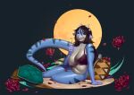  2021 anthro big_breasts black_hair blue_body botak bra breasts clothing dragon eyewear female flower hair hi_res holding_eyewear holding_glasses holding_object horn looking_at_viewer mature_female navel nipples pillow plant reptile scalie slightly_chubby smile solo underwear wingless_dragon 