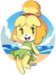  alpha_channel animal_crossing anthro bandeau_bikini beach bikini blush blush_stickers bottomwear canid canine canis clothed clothing domestic_dog female fur hair hi_res isabelle_(animal_crossing) mammal midriff nintendo open_mouth orange_hair seaside simple_background skirt solo swimwear tenshigarden transparent_background video_games water yellow_body yellow_fur 