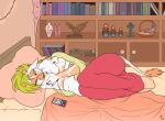  anthro bed blonde_hair bodily_fluids cellphone clothed clothing crying female fuf furniture giraffe giraffid hair hi_res irelynd_(rileyrivers) lying mammal on_side phone pillow pillow_hug solo tears 
