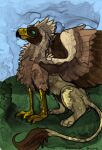  absurd_res avian beak bird_feet brown_body feathered_wings feathers female feral fur gryphon gyrotech hi_res mythological_avian mythology paws serilde solo talons traditional_media_(artwork) wings yellow_body zyleeth 