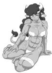  abs anthro big_breasts bison bovid bovine breasts clothing daigaijin female greyscale hair hi_res horn looking_at_viewer mammal monochrome navel nipple_outline simple_background solo tail_tuft tribal tuft white_background 