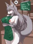  3:4 absurd_res anthro apron apron_only big_breasts blue_eyes blush bodily_fluids breasts canid canine canis clothing crossed_arms ear_piercing ear_ring english_text female fox green_apron grey_hair hair hi_res i_mean_breast_milk inner_ear_fluff kemono lactating long_hair mammal meme mostly_nude name_tag nipples piercing solo taphris text tuft wide_hips 